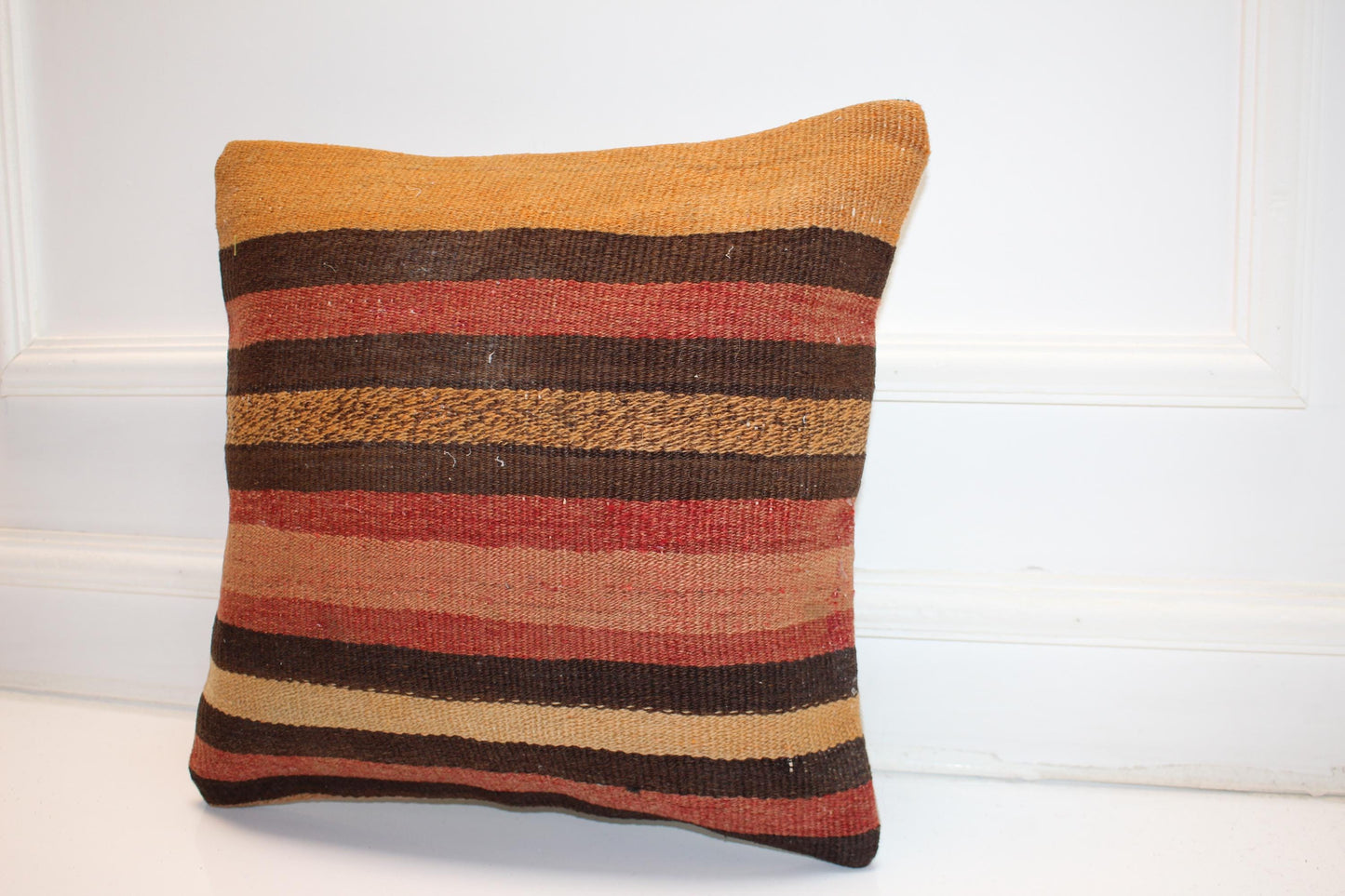 Handmade Turkish Kilim Pillow Cover, Striped Wool Cushion (16x16 in)