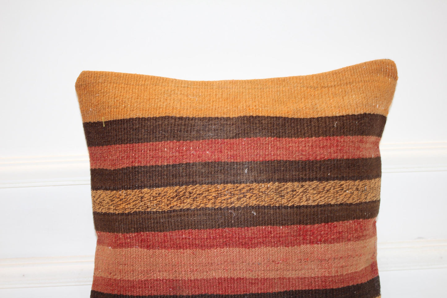 Handmade Turkish Kilim Pillow Cover, Striped Wool Cushion (16x16 in)