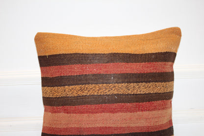 Handmade Turkish Kilim Pillow Cover, Striped Wool Cushion (16x16 in)