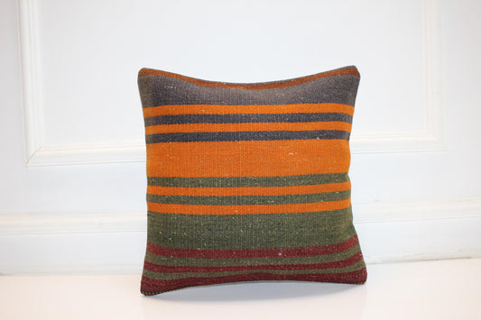 Vintage Turkish Kilim Pillow Cover, Striped Wool Cushion, Boho Decor (16x16 in)