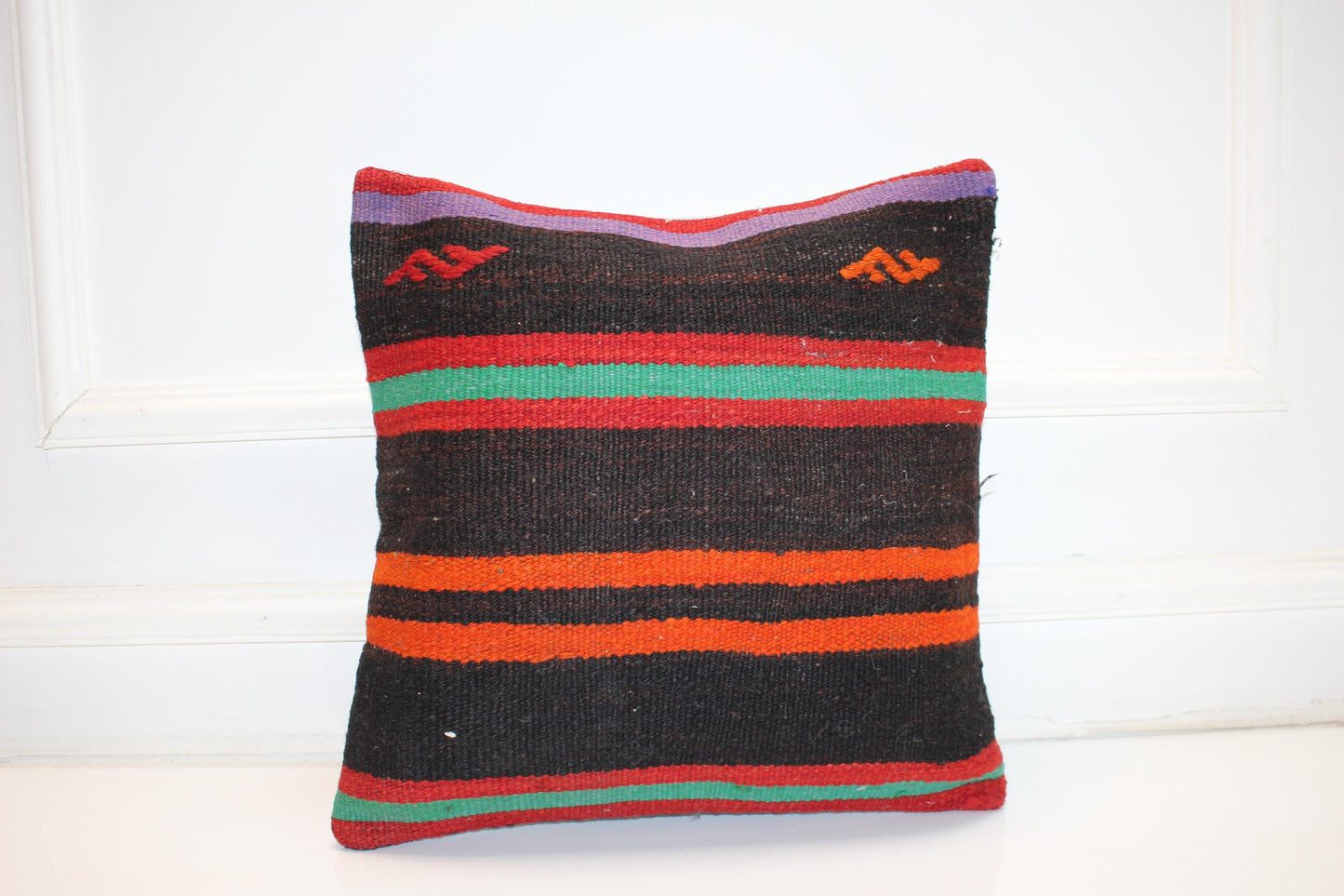 Handmade Turkish Kilim Pillow Cover, Black Striped Wool Cushion (16x16 in)