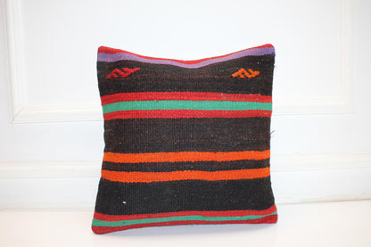 Handmade Turkish Kilim Pillow Cover, Black Striped Wool Cushion (16x16 in)