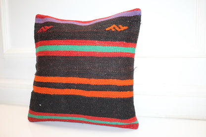 Handmade Turkish Kilim Pillow Cover, Black Striped Wool Cushion (16x16 in)