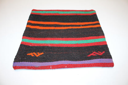 Handmade Turkish Kilim Pillow Cover, Black Striped Wool Cushion (16x16 in)