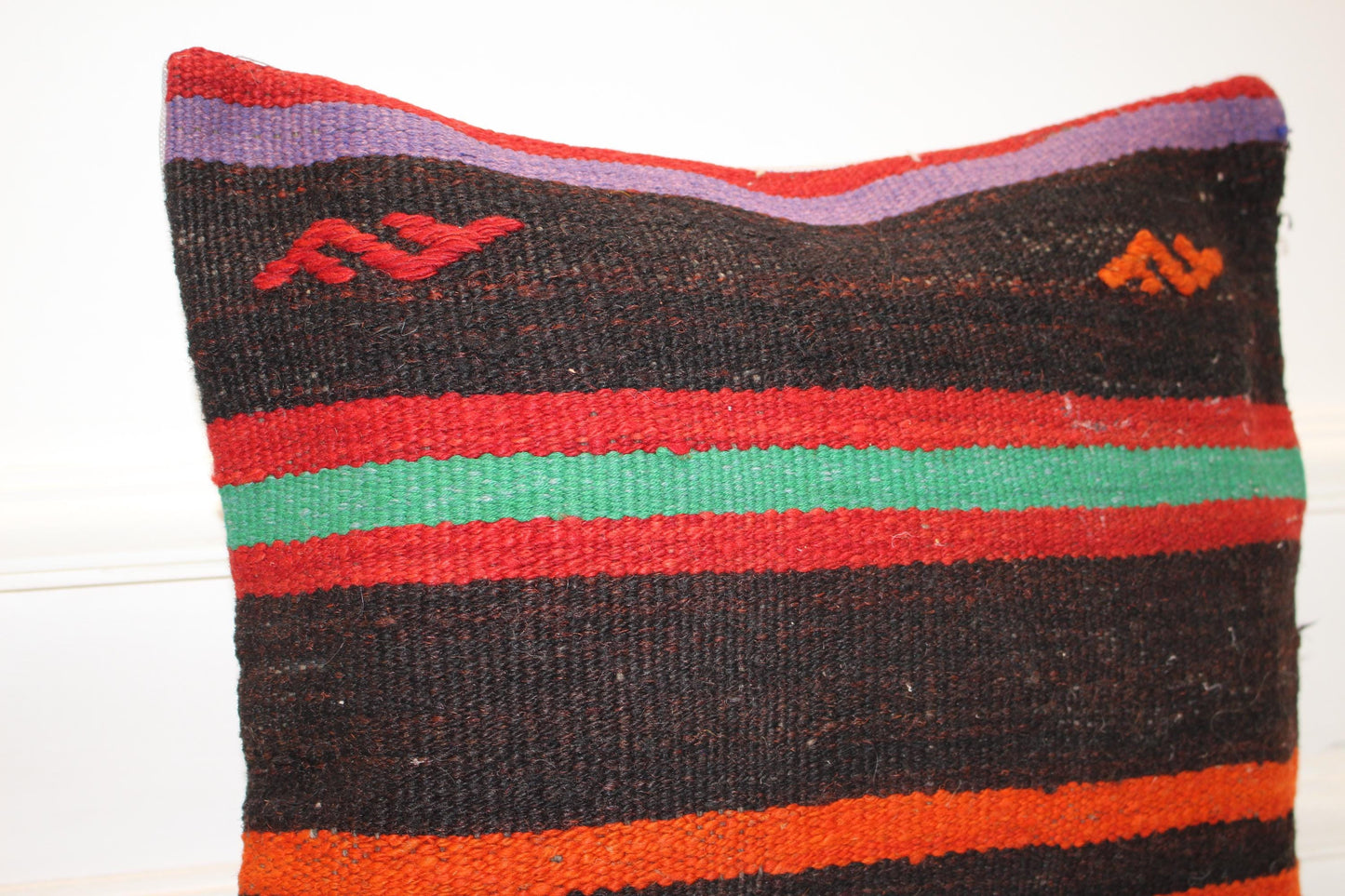 Handmade Turkish Kilim Pillow Cover, Black Striped Wool Cushion (16x16 in)