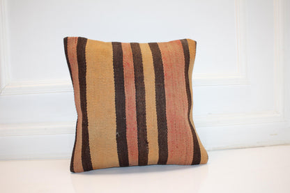Handmade Turkish Kilim Pillow Cover, Vertical Stripe Boho Cushion (16x16 in)