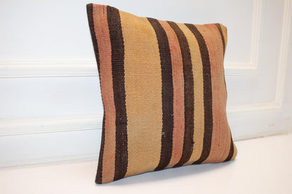 Handmade Turkish Kilim Pillow Cover, Vertical Stripe Boho Cushion (16x16 in)