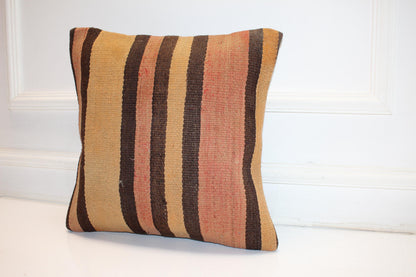 Handmade Turkish Kilim Pillow Cover, Vertical Stripe Boho Cushion (16x16 in)