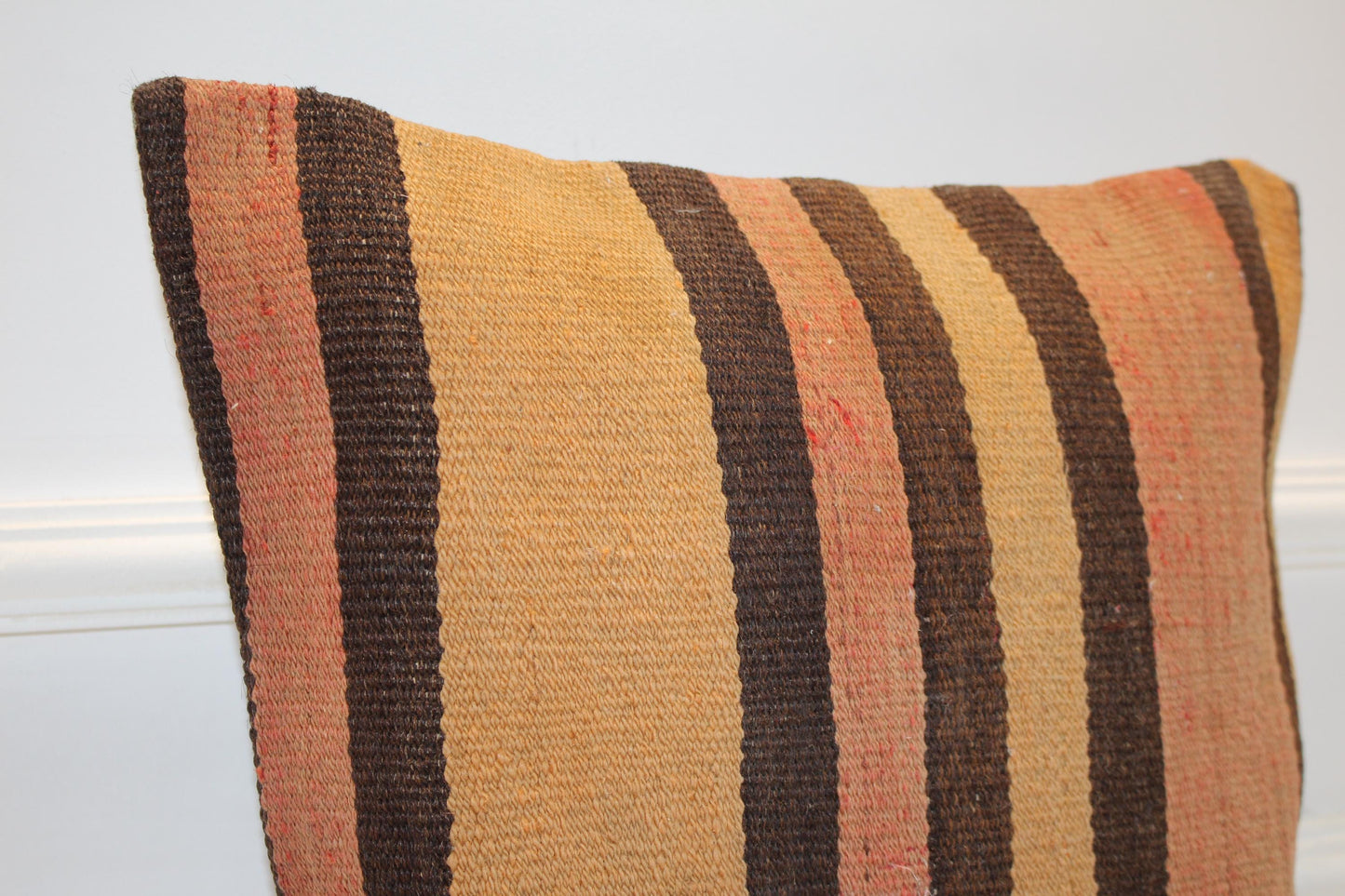 Handmade Turkish Kilim Pillow Cover, Vertical Stripe Boho Cushion (16x16 in)