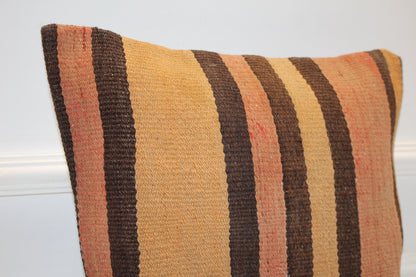 Handmade Turkish Kilim Pillow Cover, Vertical Stripe Boho Cushion (16x16 in)