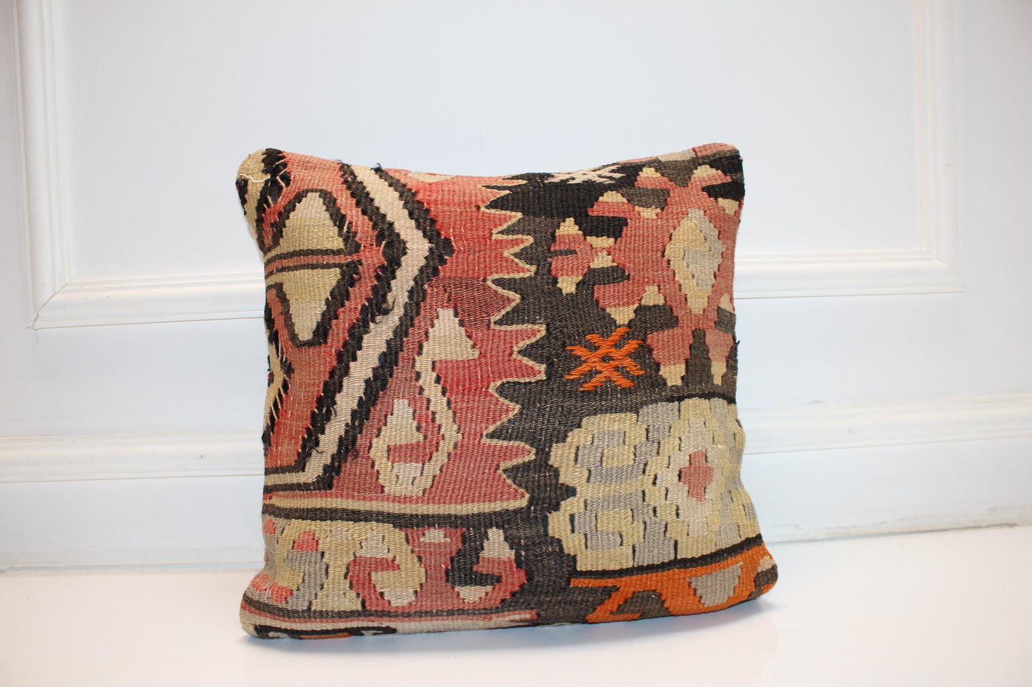 Vintage Turkish Kilim Pillow Cover, Geometric Woven Rug Cushion (16x16 in.)