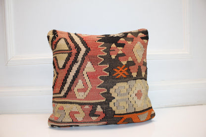 Vintage Turkish Kilim Pillow Cover, Geometric Woven Rug Cushion (16x16 in.)
