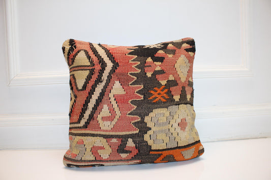 Vintage Turkish Kilim Pillow Cover, Geometric Woven Rug Cushion (16x16 in.)