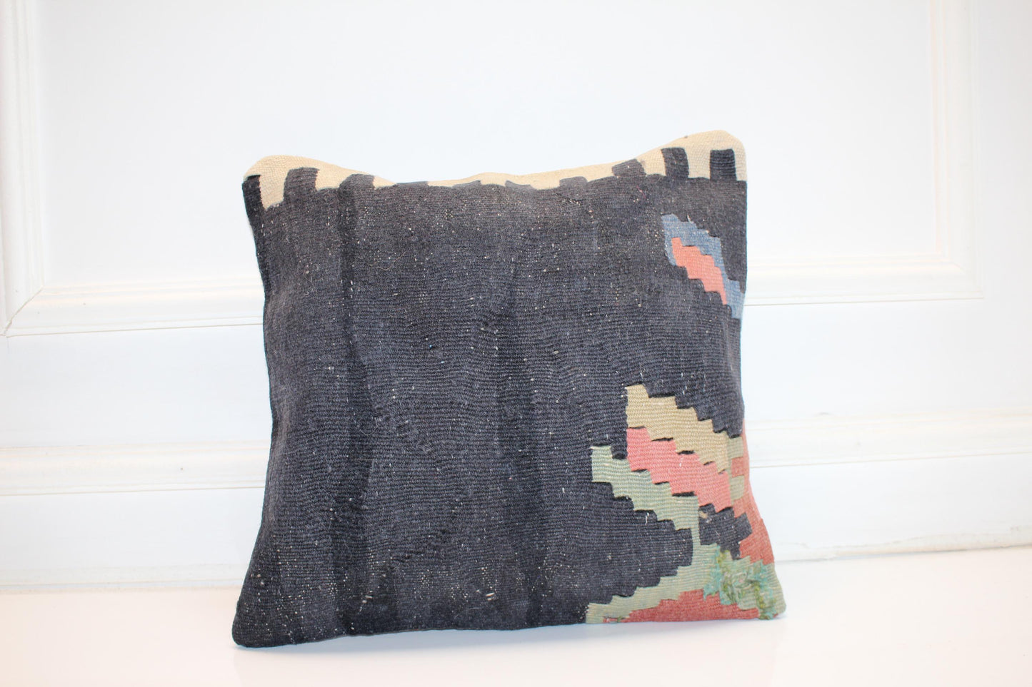 Dark Blue Minimal Cushion, Handmade Anatolian Rug Pillow, Modern Boho Home Decor(16x16 in)