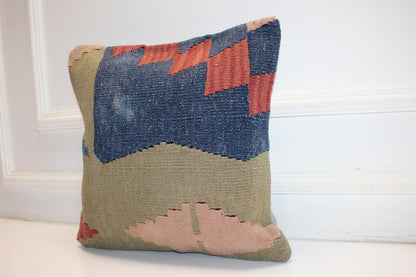 Abstract Color Block Cushion, Handmade Anatolian Rug Pillow, Modern Boho Home Decor(16x16 in)