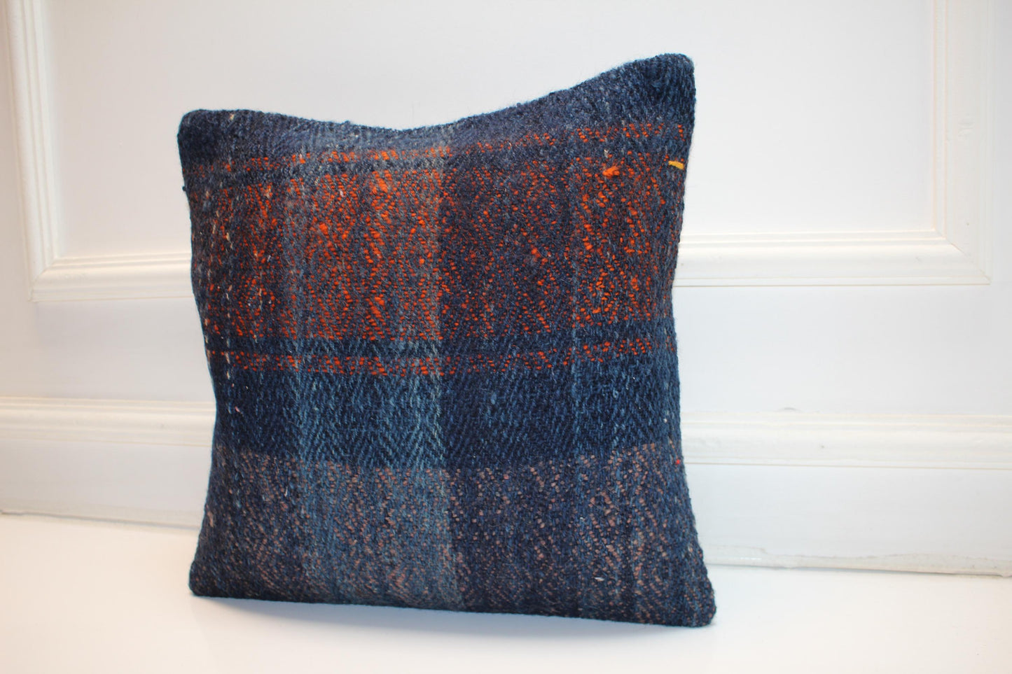 Indigo Blue Textured Cushion, Handmade Anatolian Rug Pillow, Moody Boho Home Decor(16x16 in)