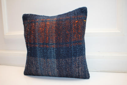 Indigo Blue Textured Cushion, Handmade Anatolian Rug Pillow, Moody Boho Home Decor(16x16 in)