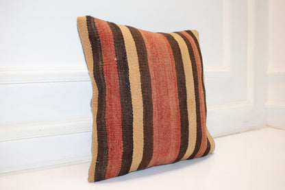 Vintage Turkish Kilim Pillow Cover, Striped Boho Cushion (16x16 in)