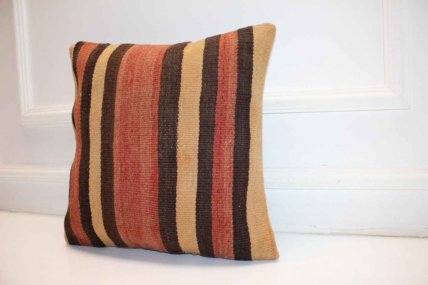 Vintage Turkish Kilim Pillow Cover, Striped Boho Cushion (16x16 in)