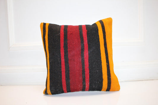 Vintage Turkish Kilim Pillow Cover, Black Red Striped Wool Cushion, Boho Decor (16x16 in)