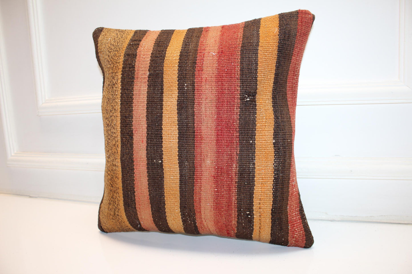 Warm Striped Cushion, Handmade Anatolian Rug Pillow, Earth Tone Boho Home Decor(16x16 in)