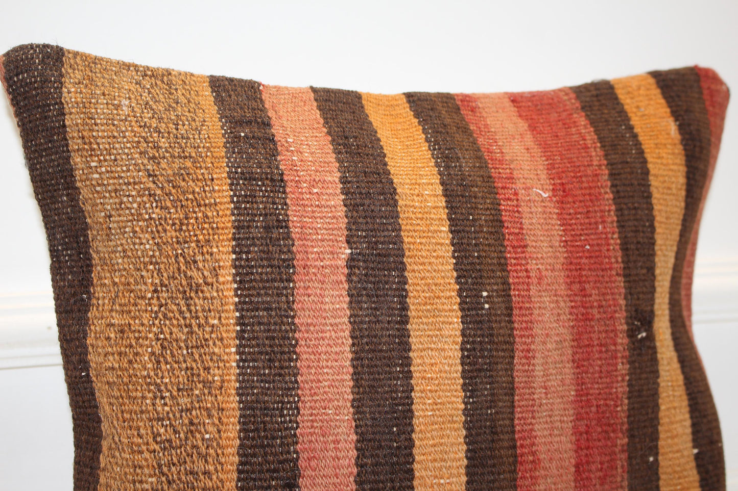Warm Striped Cushion, Handmade Anatolian Rug Pillow, Earth Tone Boho Home Decor(16x16 in)