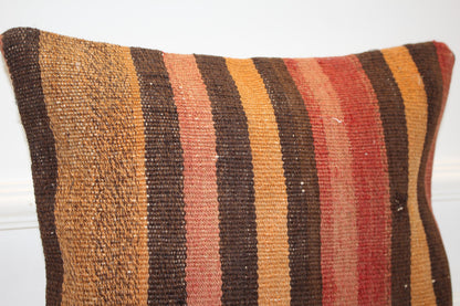 Warm Striped Cushion, Handmade Anatolian Rug Pillow, Earth Tone Boho Home Decor(16x16 in)