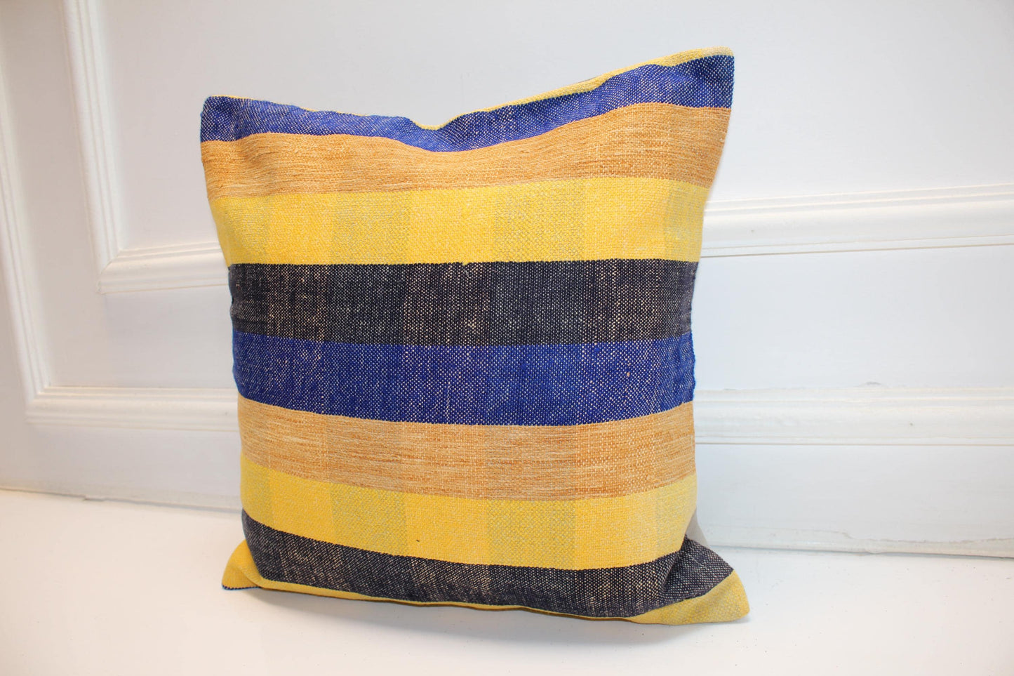 Blue Yellow Striped Cushion, Handmade Anatolian Rug Pillow, Modern Boho Home Decor(16x16 in)