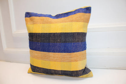 Blue Yellow Striped Cushion, Handmade Anatolian Rug Pillow, Modern Boho Home Decor(16x16 in)