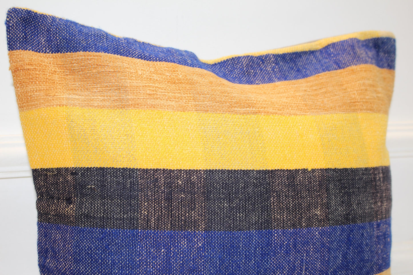 Blue Yellow Striped Cushion, Handmade Anatolian Rug Pillow, Modern Boho Home Decor(16x16 in)