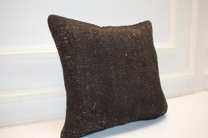 Solid Dark Brown Cushion, Handmade Anatolian Rug Pillow, Minimal Rustic Home Decor(16x16 in)