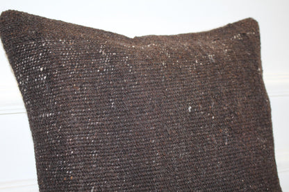 Solid Dark Brown Cushion, Handmade Anatolian Rug Pillow, Minimal Rustic Home Decor(16x16 in)