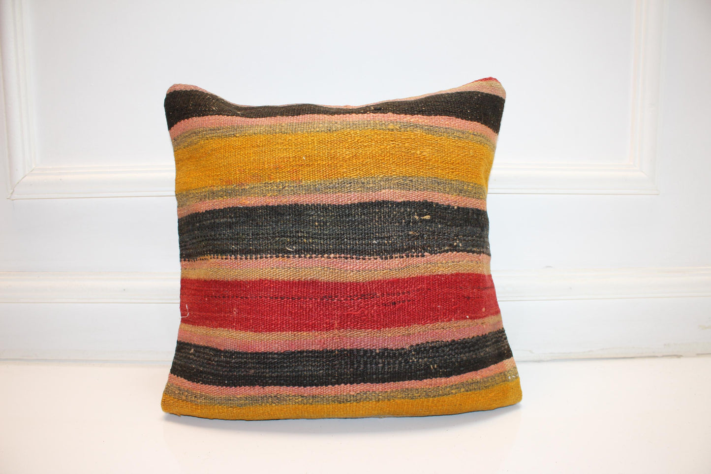 Striped Rug Cushion, Red Yellow Black Kilim Pillow, Handmade Anatolian Home Decor(16x16 in)