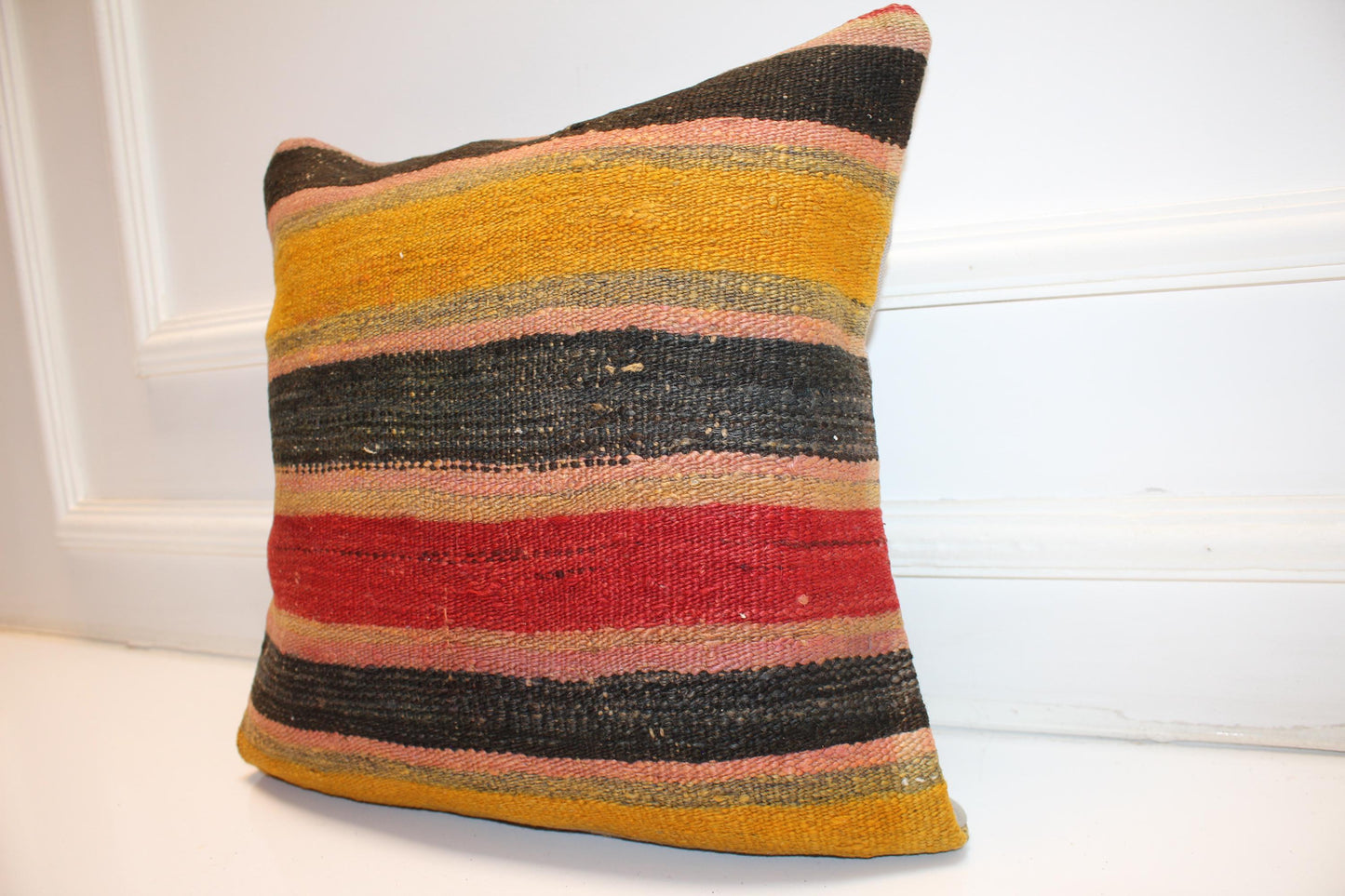 Striped Rug Cushion, Red Yellow Black Kilim Pillow, Handmade Anatolian Home Decor(16x16 in)