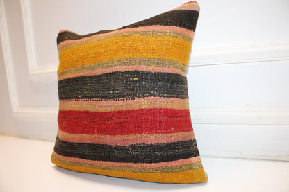 Striped Rug Cushion, Red Yellow Black Kilim Pillow, Handmade Anatolian Home Decor(16x16 in)