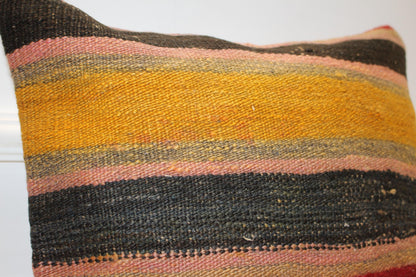 Striped Rug Cushion, Red Yellow Black Kilim Pillow, Handmade Anatolian Home Decor(16x16 in)