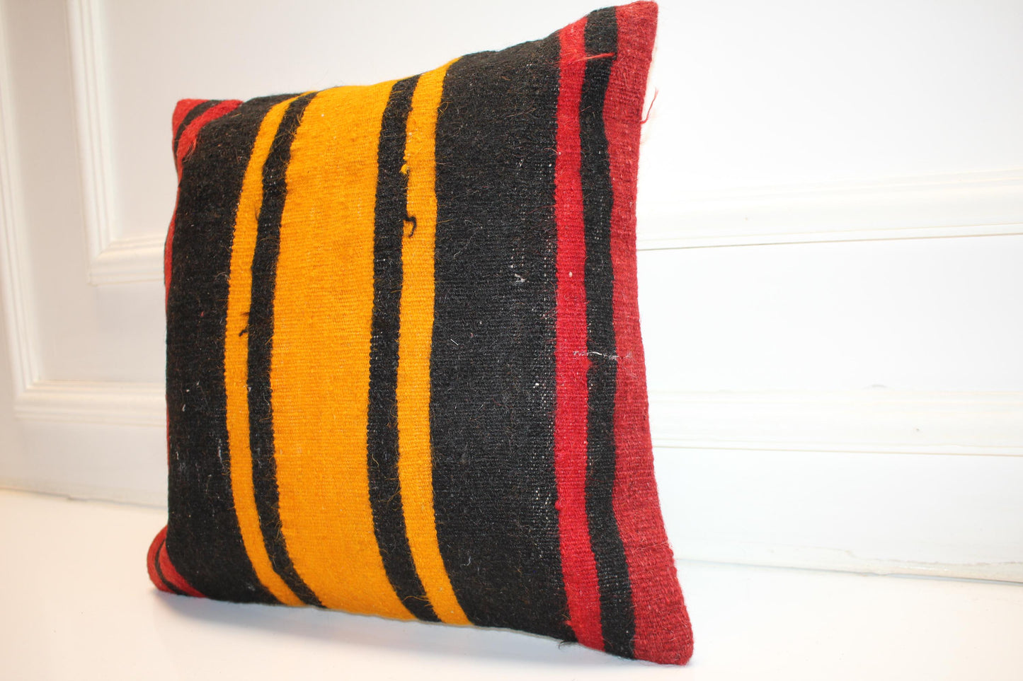 Bold Striped Rug Cushion, Black Red Yellow Kilim Pillow, Handmade Anatolian Decor(16x16 in)