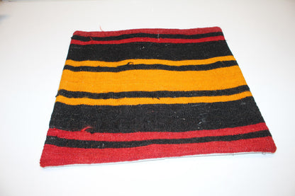 Bold Striped Rug Cushion, Black Red Yellow Kilim Pillow, Handmade Anatolian Decor(16x16 in)