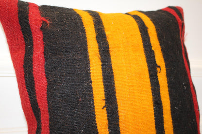 Bold Striped Rug Cushion, Black Red Yellow Kilim Pillow, Handmade Anatolian Decor(16x16 in)