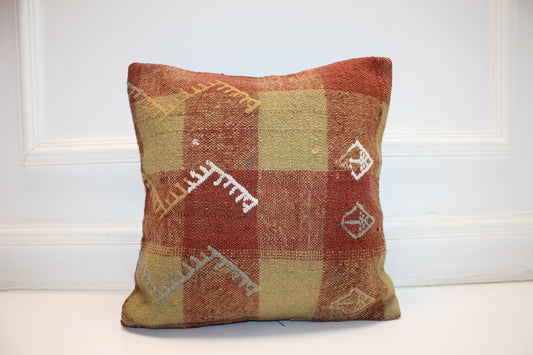 Checkered Rug Cushion, Earth Tone Kilim Pillow, Handmade Anatolian Home Decor(16x16 in)