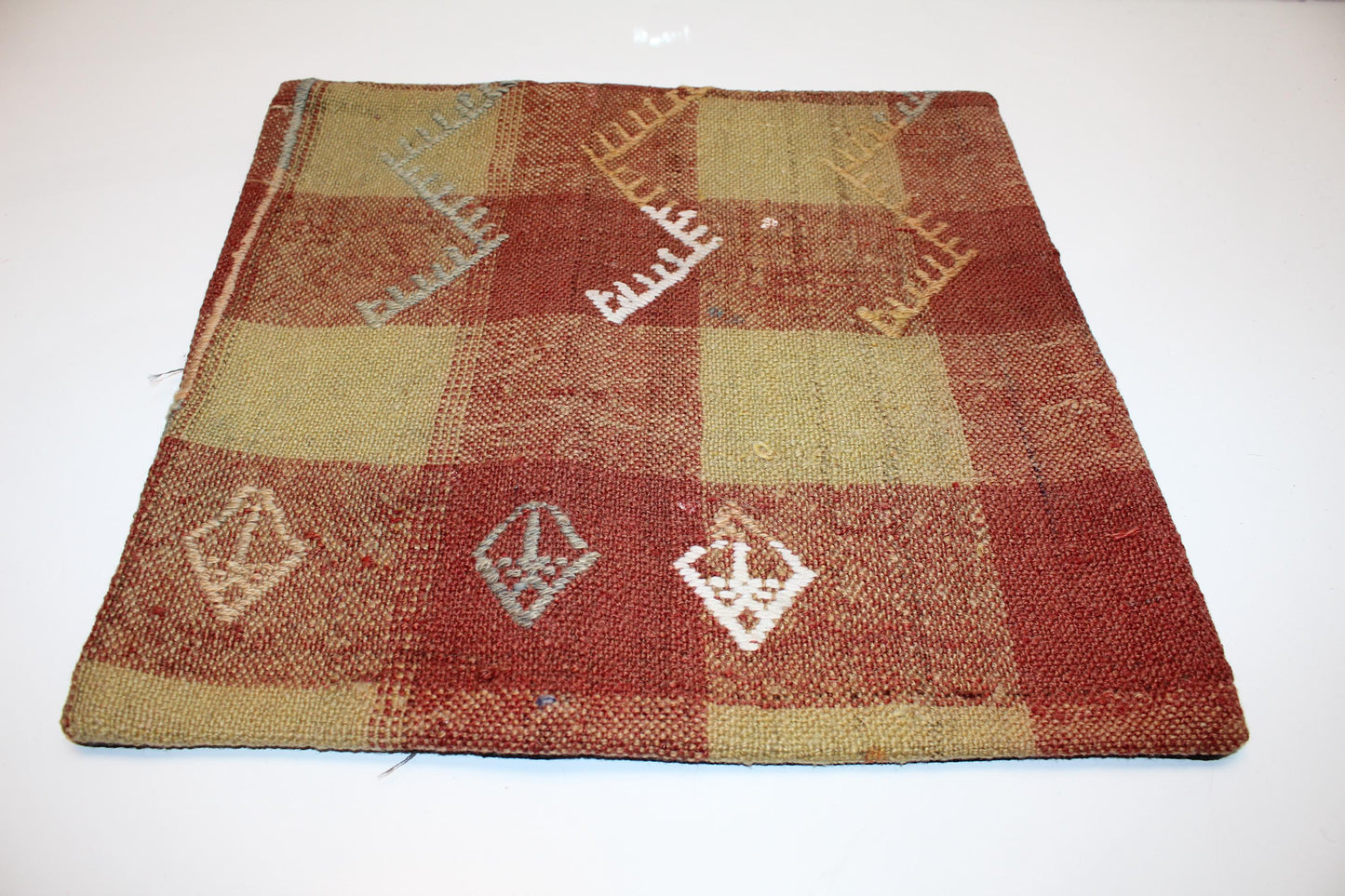 Checkered Rug Cushion, Earth Tone Kilim Pillow, Handmade Anatolian Home Decor(16x16 in)