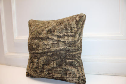 Minimal Wool Cushion, Neutral Earth Tone Kilim Pillow, Handmade Rustic Home Decor(16x16 in)