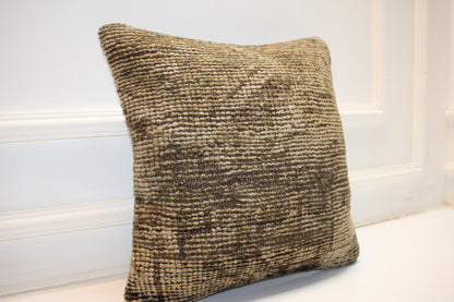 Minimal Wool Cushion, Neutral Earth Tone Kilim Pillow, Handmade Rustic Home Decor(16x16 in)