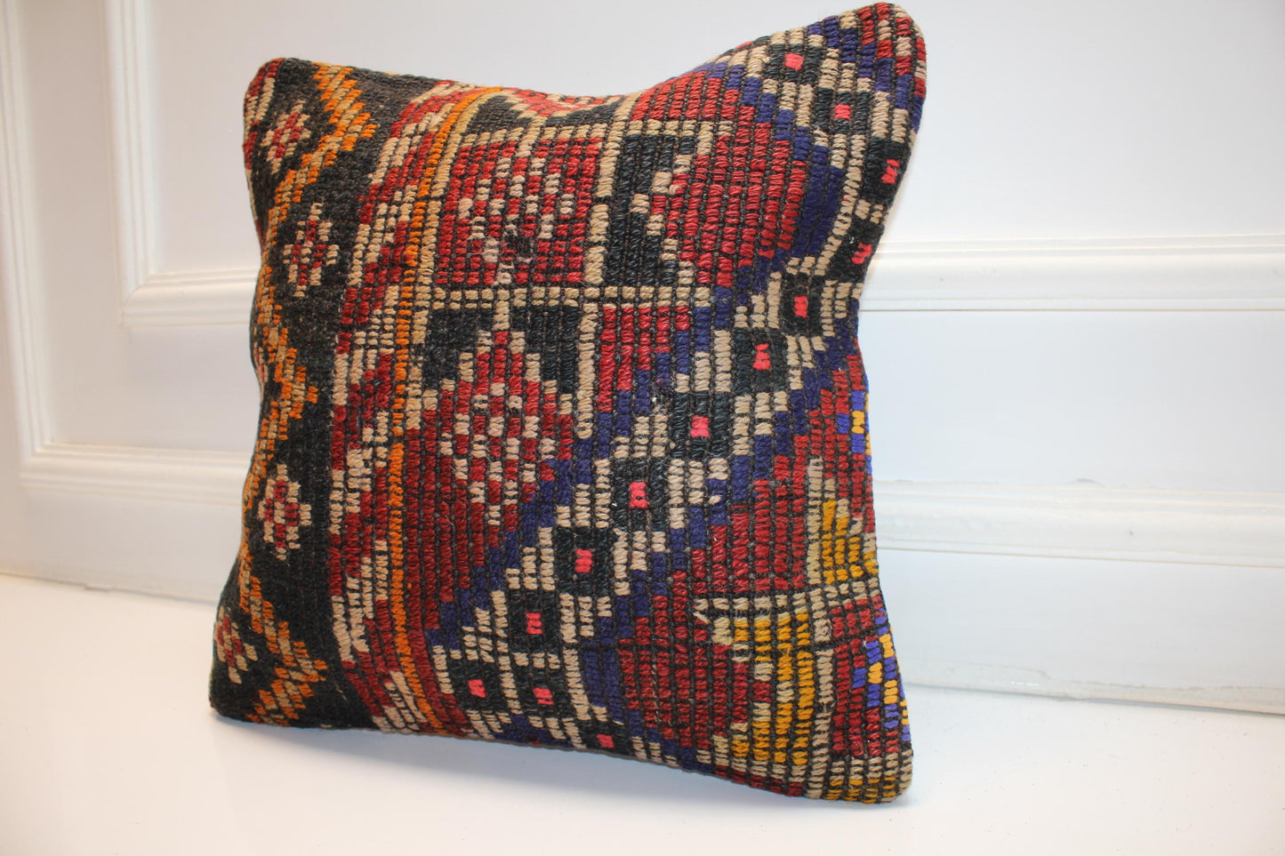 Colorful Tribal Cushion, Handmade Wool Kilim Pillow, Boho Ethnic Home Decor(16x16 in)