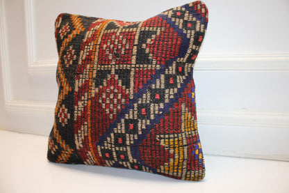 Colorful Tribal Cushion, Handmade Wool Kilim Pillow, Boho Ethnic Home Decor(16x16 in)