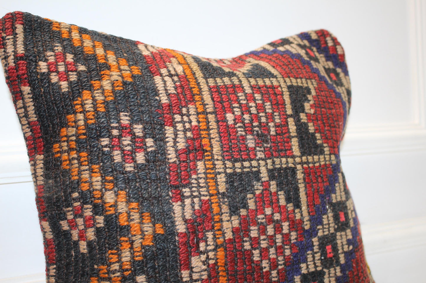 Colorful Tribal Cushion, Handmade Wool Kilim Pillow, Boho Ethnic Home Decor(16x16 in)