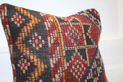 Colorful Tribal Cushion, Handmade Wool Kilim Pillow, Boho Ethnic Home Decor(16x16 in)