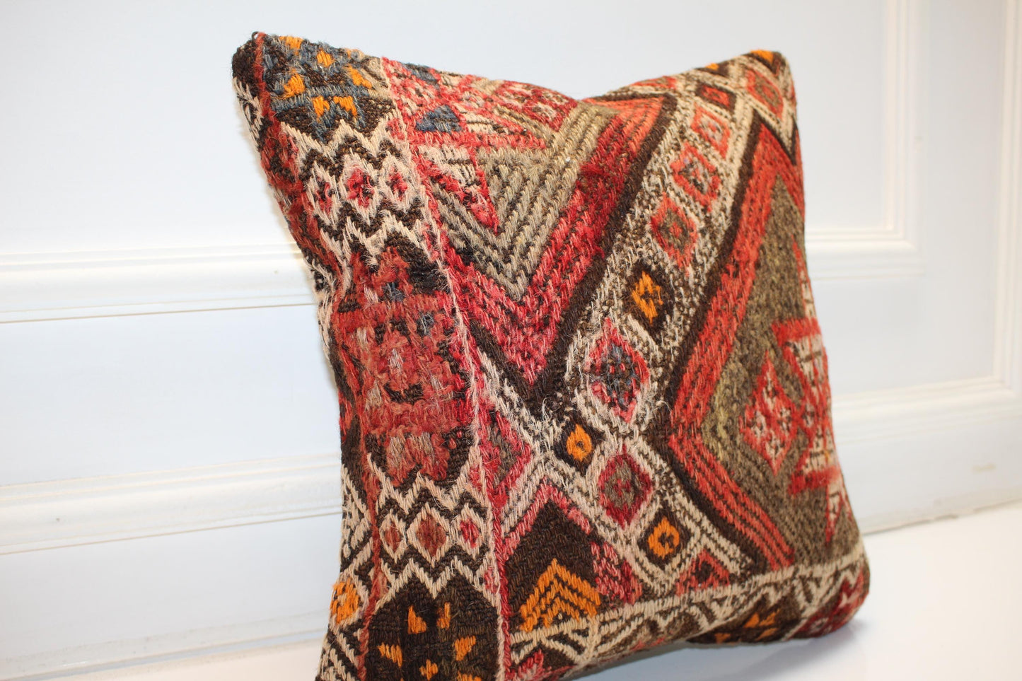 Patchwork Anatolian Rug Cushion, One of a Kind Handwoven Wool Decor(16x16 in)