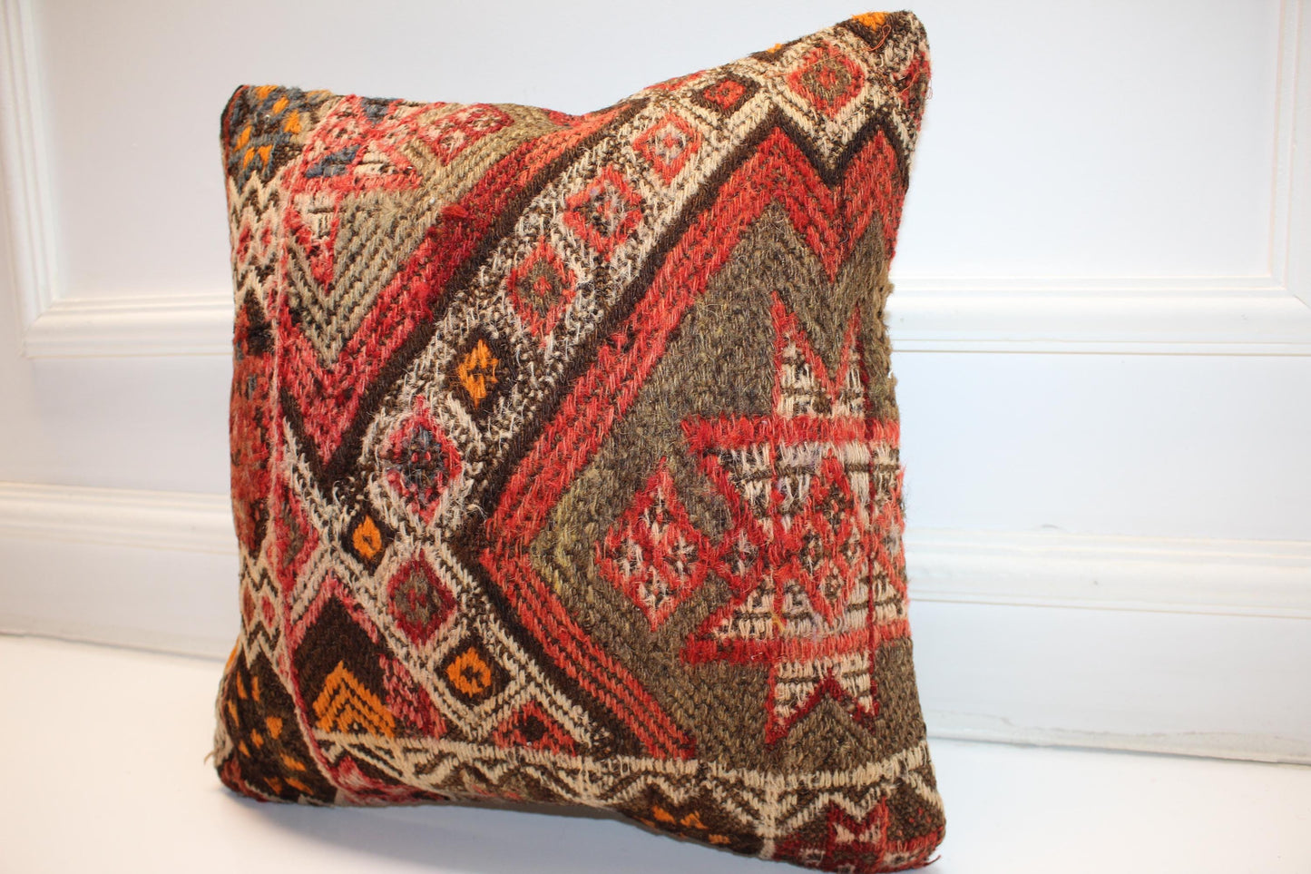 Patchwork Anatolian Rug Cushion, One of a Kind Handwoven Wool Decor(16x16 in)
