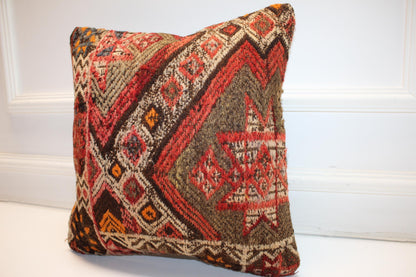 Patchwork Anatolian Rug Cushion, One of a Kind Handwoven Wool Decor(16x16 in)